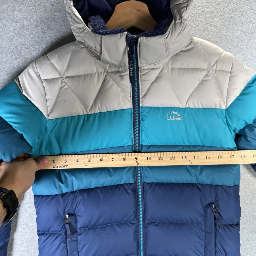 LL Bean Jacket Kids Downtek Medium 10-12 Blue Colorblock Hooded Puffer